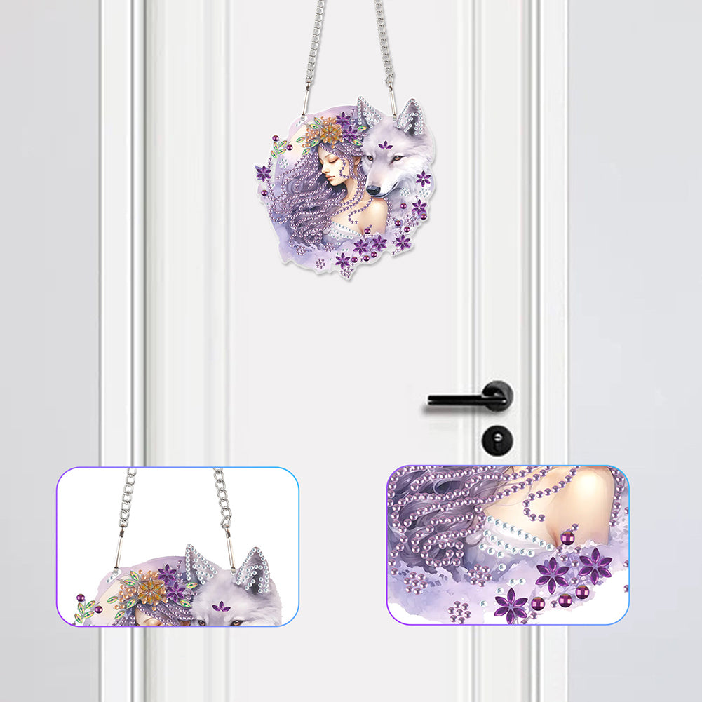 Acrylic Girl and Fox Single-Sided 5D DIY Diamond Painting Hanging Pendant