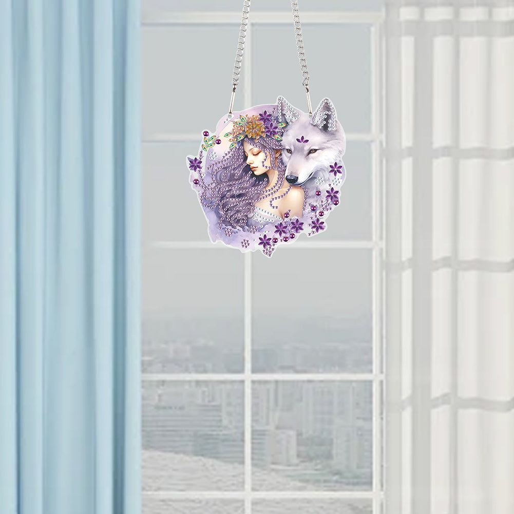 Acrylic Girl and Fox Single-Sided 5D DIY Diamond Painting Hanging Pendant