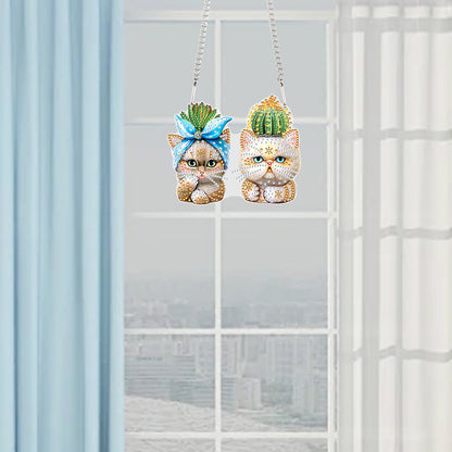 Acrylic Cactus and Cat Single-Sided 5D DIY Diamond Painting Hanging Pendant