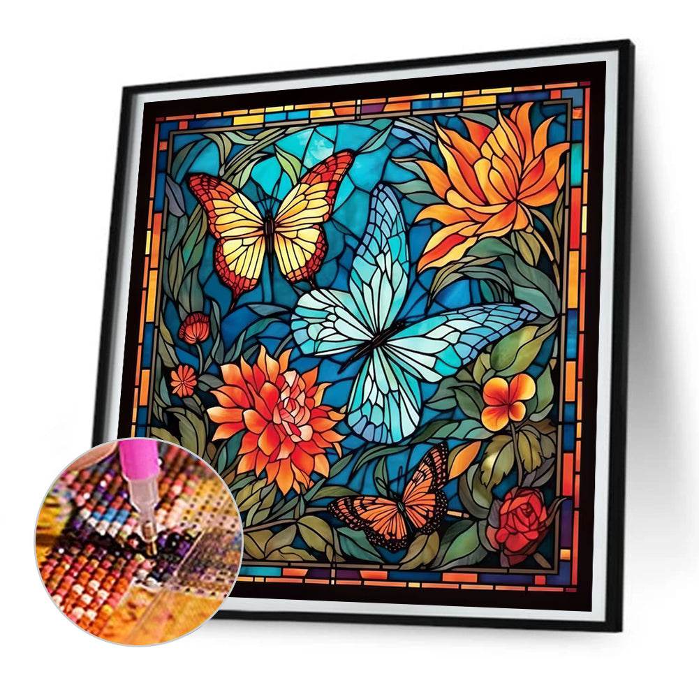 Glass Painting Flowers And Butterflies - Full Round Drill Diamond Painting 30*30CM