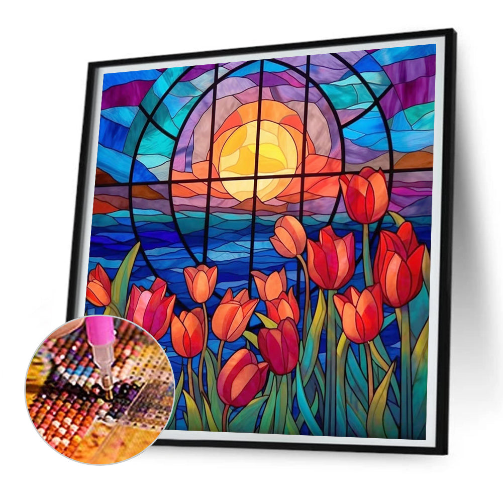 Glass Painting Tulip Flowers - Full Round Drill Diamond Painting 30*30CM