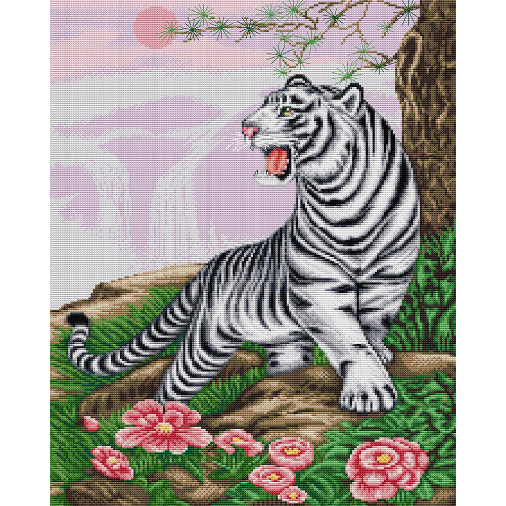 White Tiger Roaring To The Sky - 14CT Stamped Cross Stitch 41*51CM(Joy Sunday)