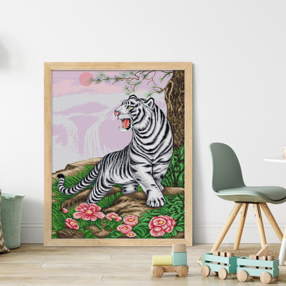 White Tiger Roaring To The Sky - 14CT Stamped Cross Stitch 41*51CM(Joy Sunday)