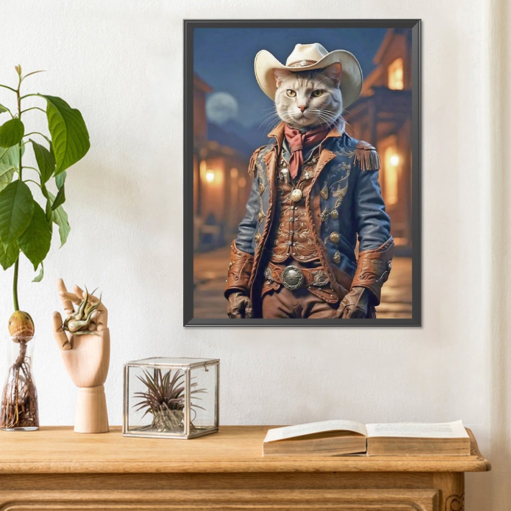 Handsome Western Cowboy Kitten - Full Round Drill Diamond Painting 30*40CM