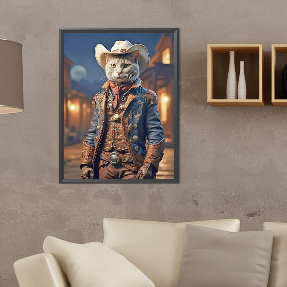 Handsome Western Cowboy Kitten - Full Round Drill Diamond Painting 30*40CM