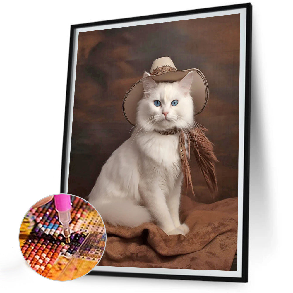 Western Handsome Cowboy White Cat - Full Round Drill Diamond Painting 30*40CM