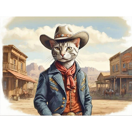 Handsome Western Cowboy Kitten - Full Round Drill Diamond Painting 40*30CM