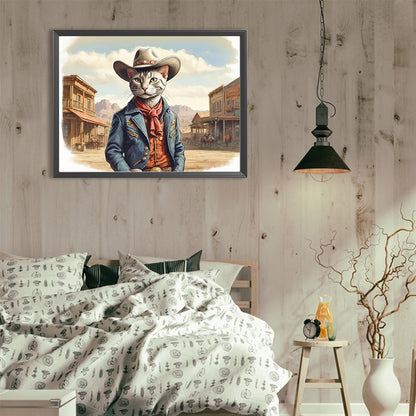 Handsome Western Cowboy Kitten - Full Round Drill Diamond Painting 40*30CM