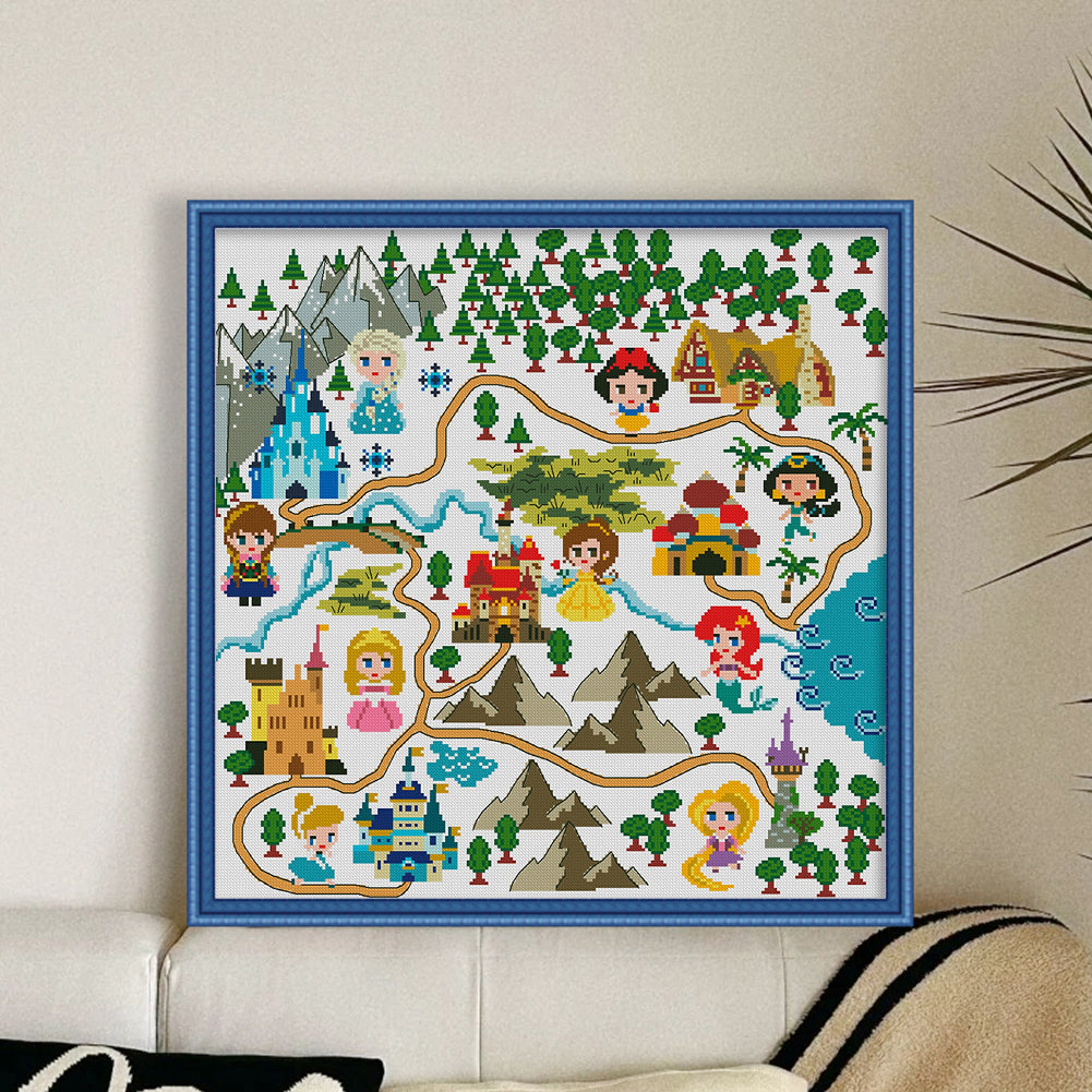 Disney Princesses On Map - 11CT Stamped Cross Stitch 50*50CM