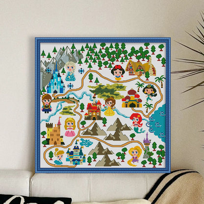 Disney Princesses On Map - 11CT Stamped Cross Stitch 50*50CM