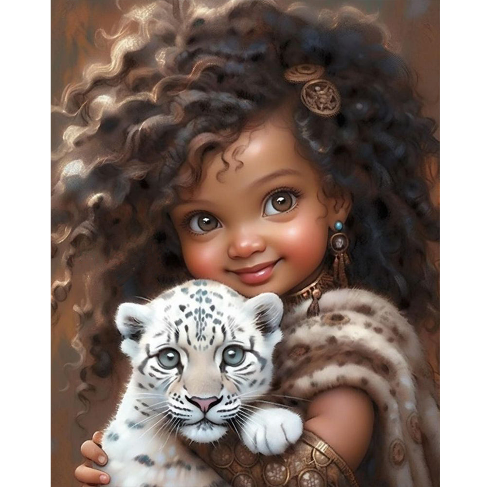 Girl Holding Tiger Cub - Full Round Drill Diamond Painting 40*50CM