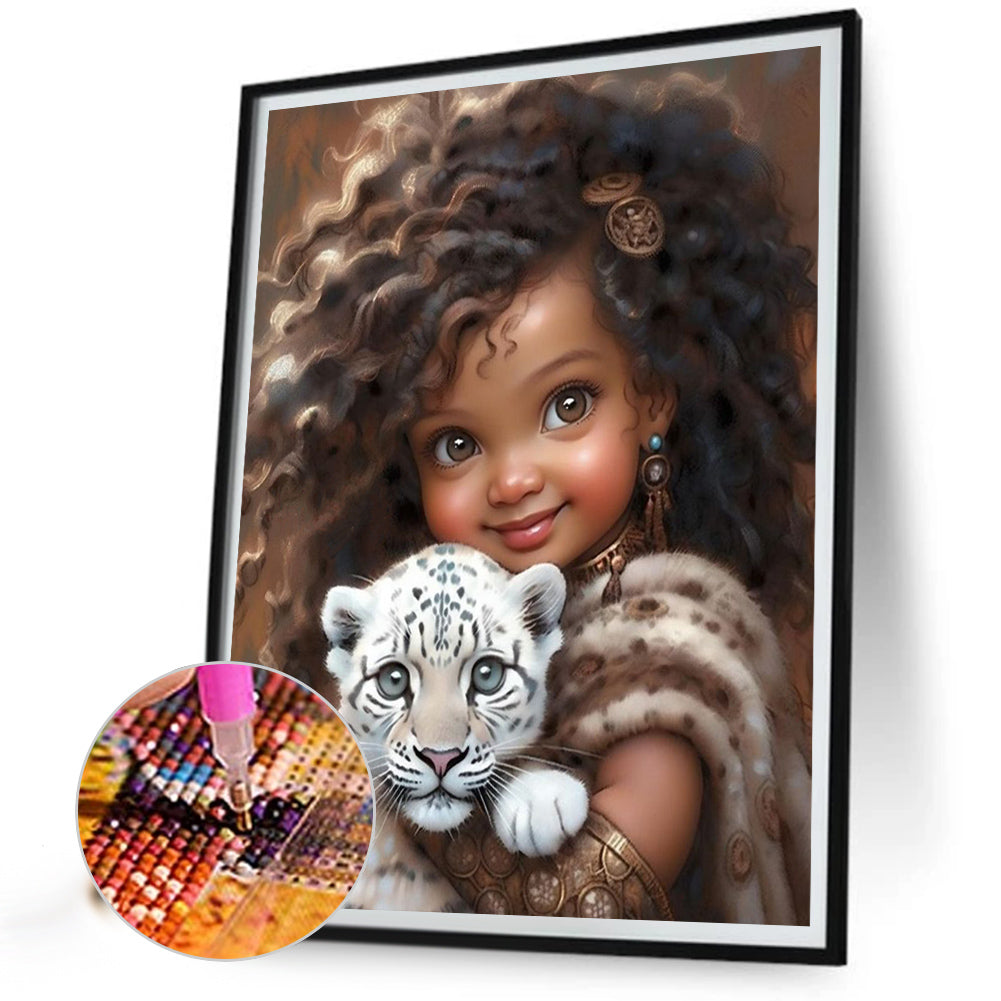 Girl Holding Tiger Cub - Full Round Drill Diamond Painting 40*50CM