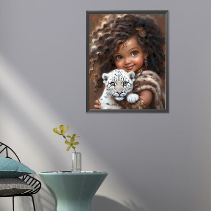 Girl Holding Tiger Cub - Full Round Drill Diamond Painting 40*50CM