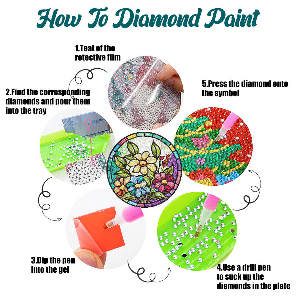 4 PCS Acrylic Diamond Painted Placemats Kitchen Dish Mat for Kitchen (Flower)