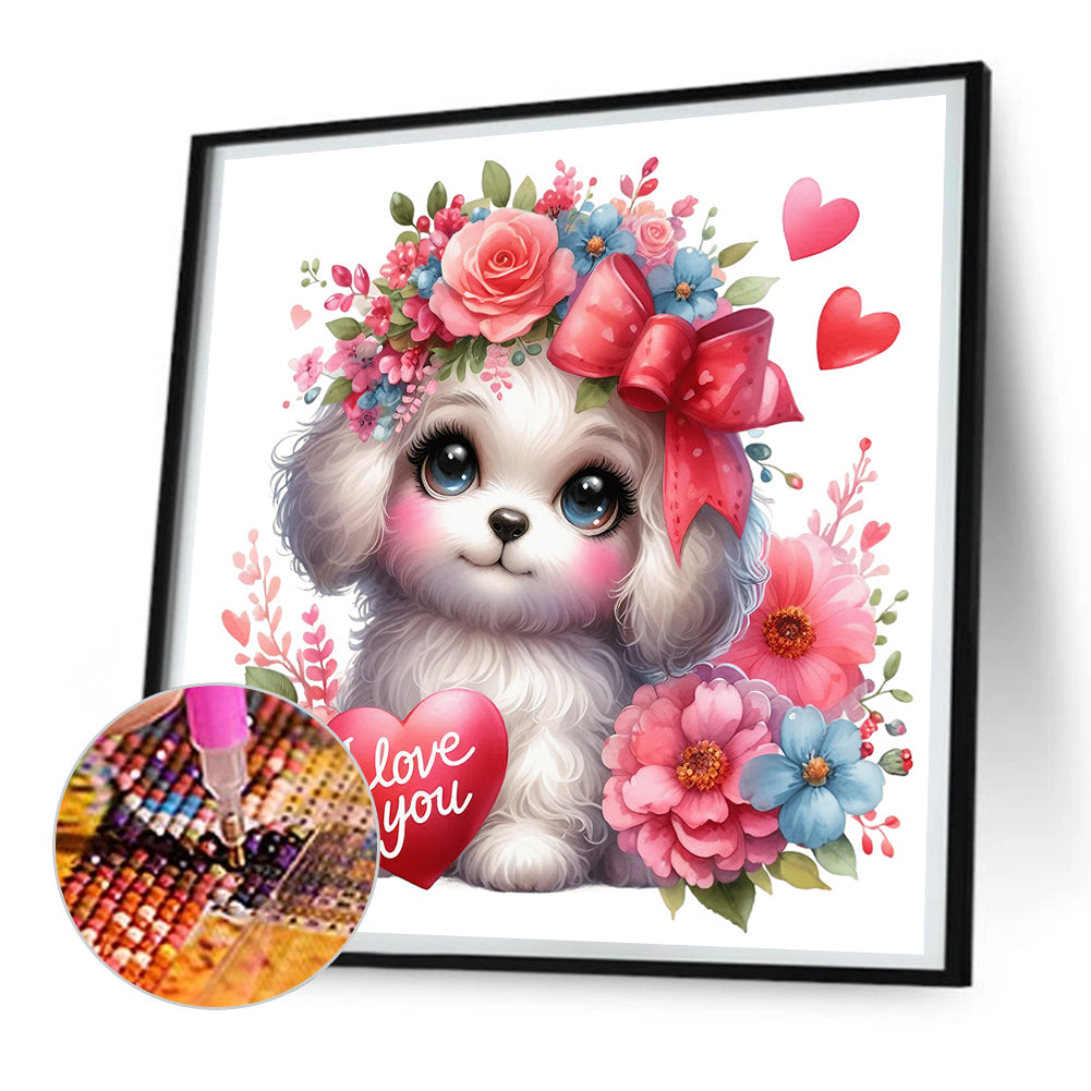 Love Rose White Dog - Full Round Drill Diamond Painting 30*30CM