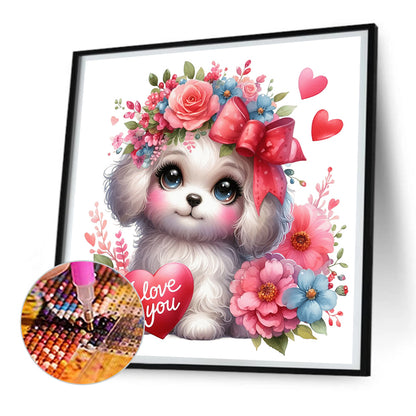 Love Rose White Dog - Full Round Drill Diamond Painting 30*30CM