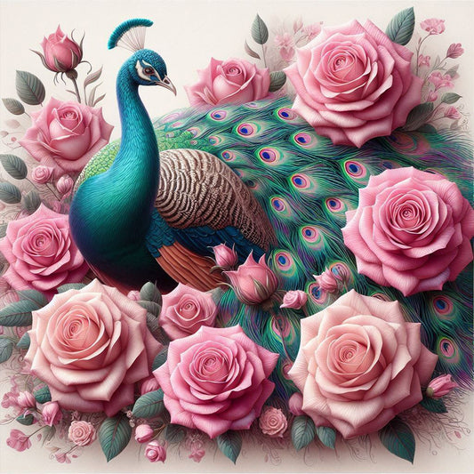 Pink Rose Peacock - Full Round Drill Diamond Painting 40*40CM