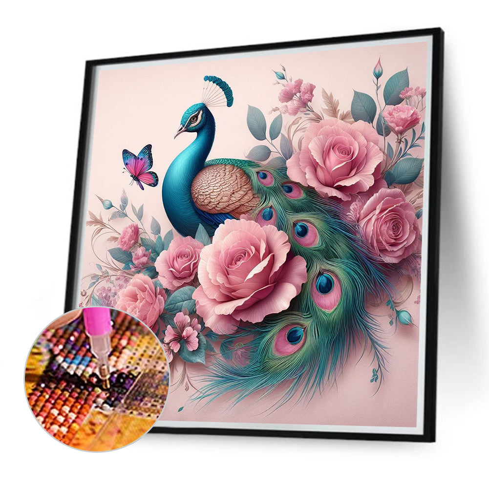 Peacock And Butterfly - Full Round Drill Diamond Painting 40*40CM