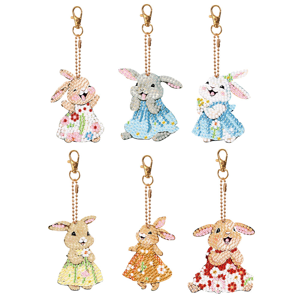 6 PCS Double Sided Special Shape Diamond Painting Keychain for Beginners(Rabbit)