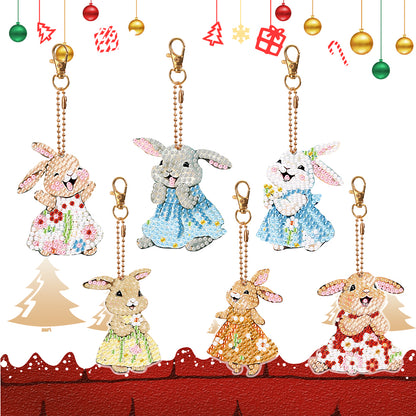 6 PCS Double Sided Special Shape Diamond Painting Keychain for Beginners(Rabbit)