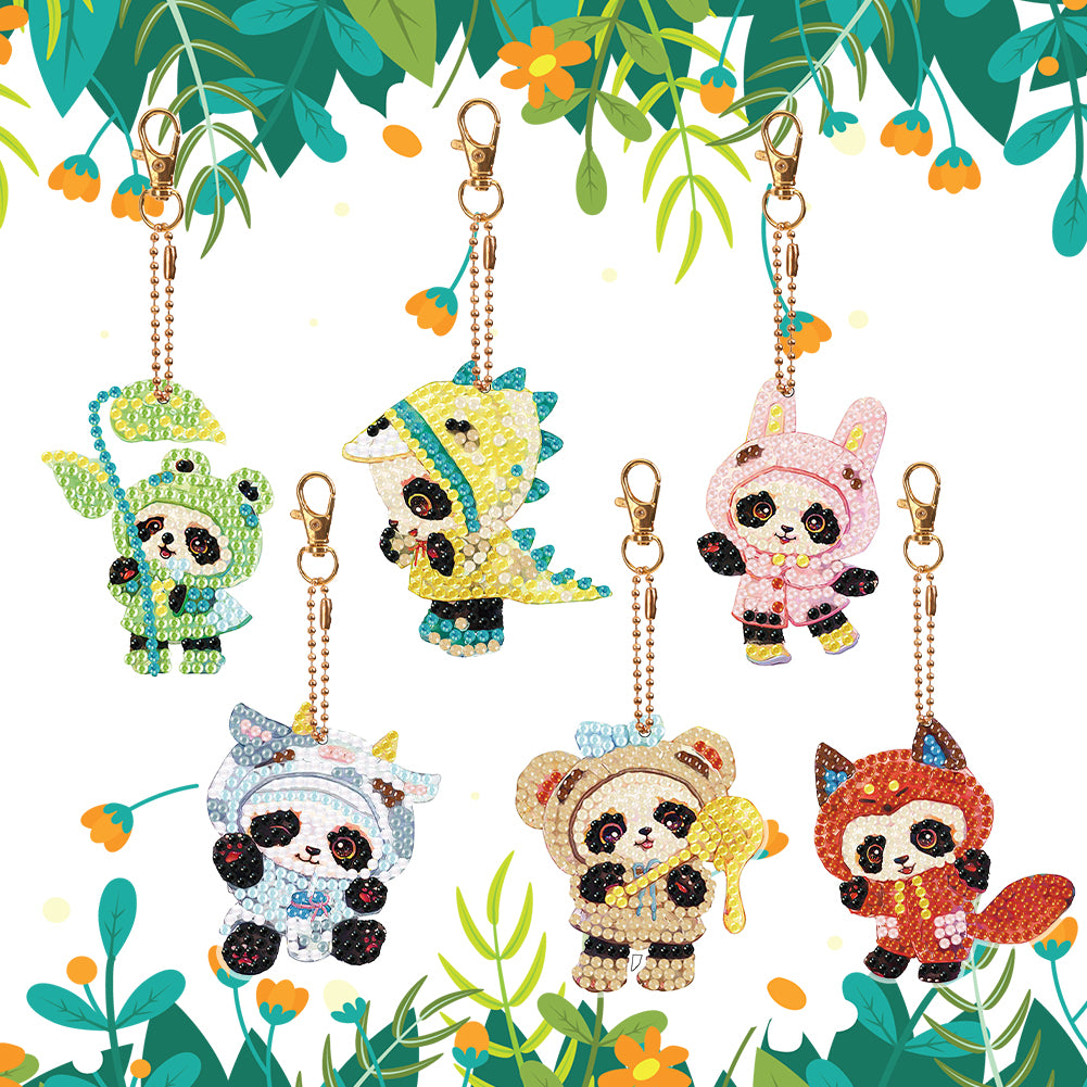 6 PCS Double Sided Special Shape Diamond Painting Keychain for Beginners (Panda)