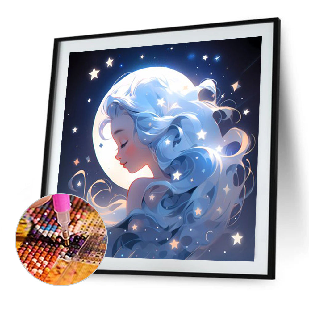 Stars, Moon And Silver-Haired Girl - Full AB Round Drill Diamond Painting 40*40CM