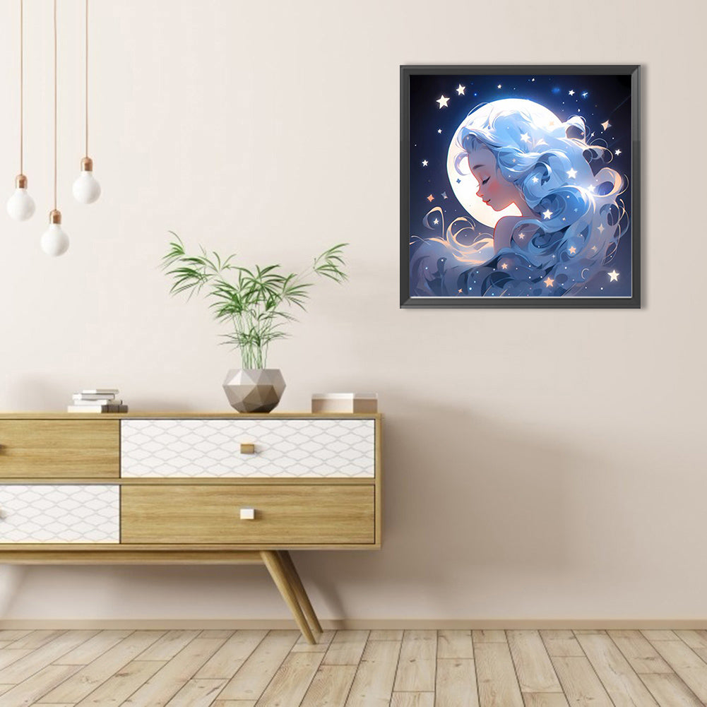 Stars, Moon And Silver-Haired Girl - Full AB Round Drill Diamond Painting 40*40CM