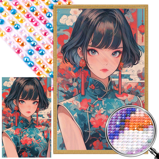 Short Hair Cheongsam Girl - Full AB Round Drill Diamond Painting 40*65CM