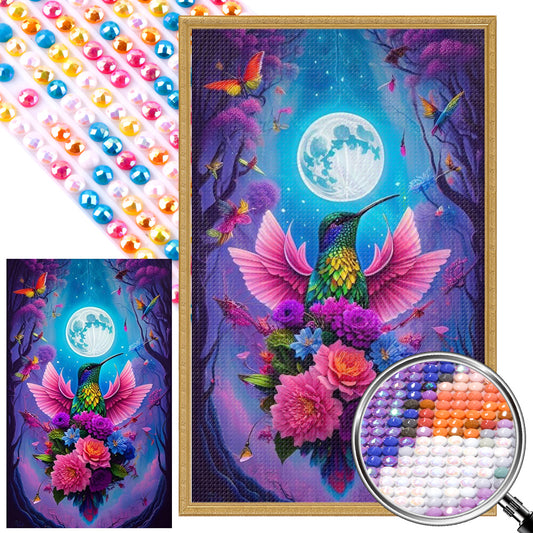 Hummingbird And Flowers Under Moon - Full AB Round Drill Diamond Painting 40*65CM