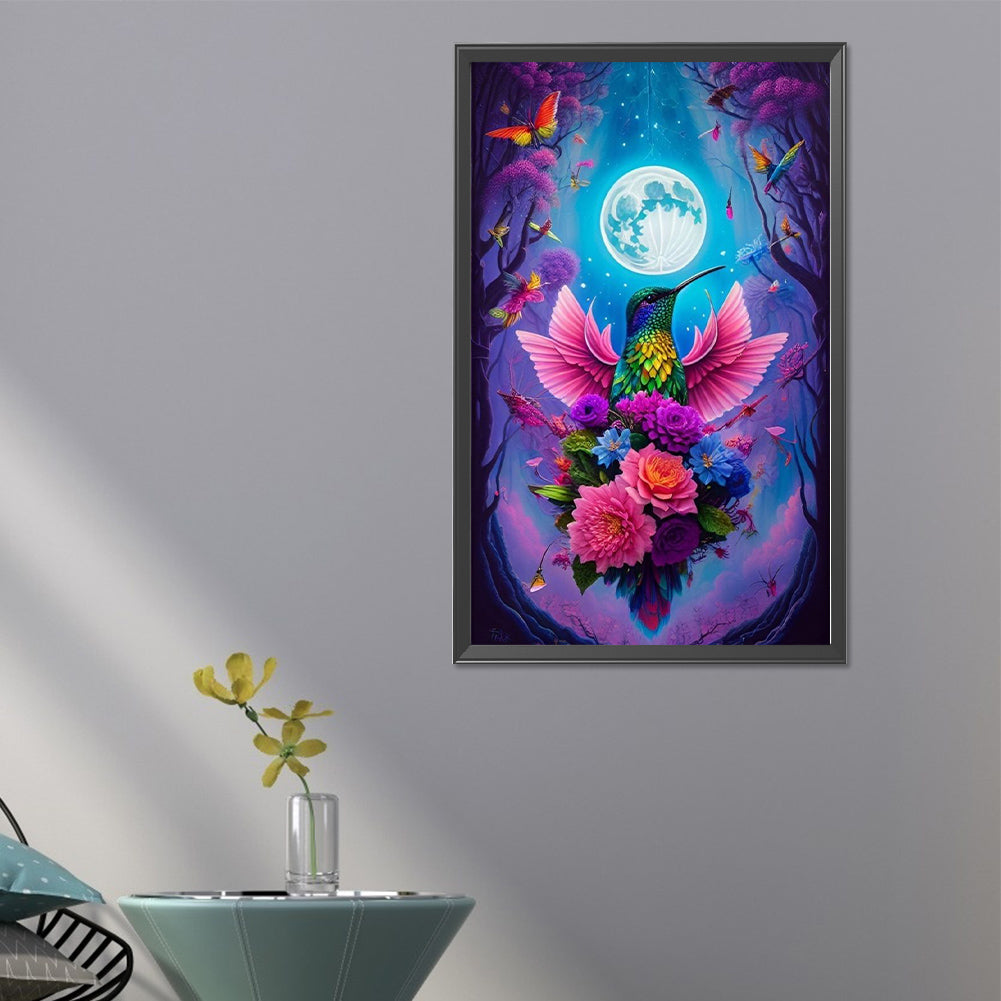 Hummingbird And Flowers Under Moon - Full AB Round Drill Diamond Painting 40*65CM