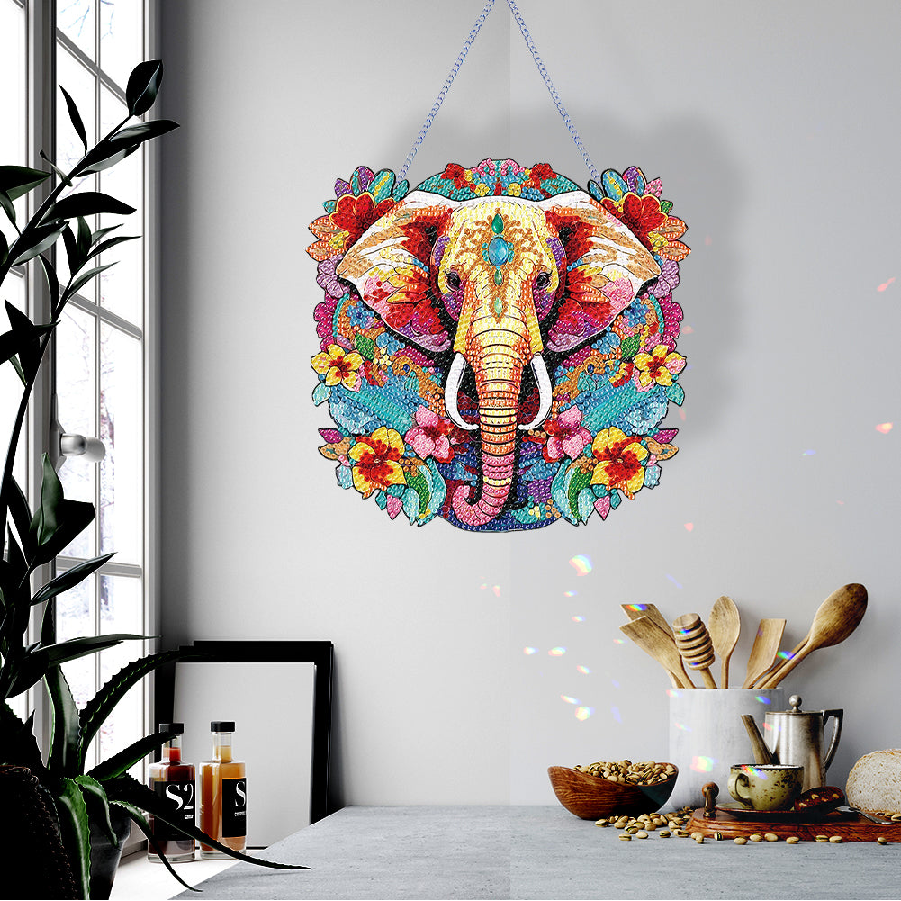 Acrylic Elephant Single-Sided Round Diamond Painting Hanging Pendant (20x20cm)