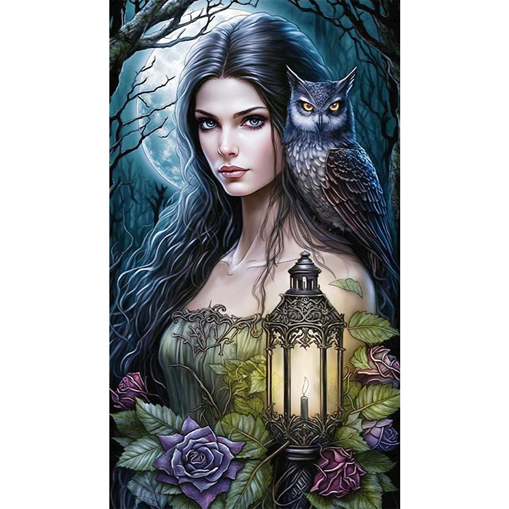 The Lady With The Lamp And The Owl - Full AB Round Drill Diamond Painting 40*70CM