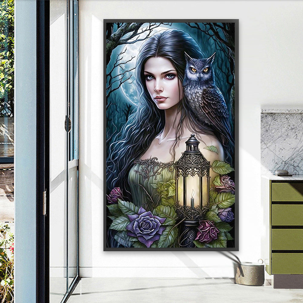 The Lady With The Lamp And The Owl - Full AB Round Drill Diamond Painting 40*70CM