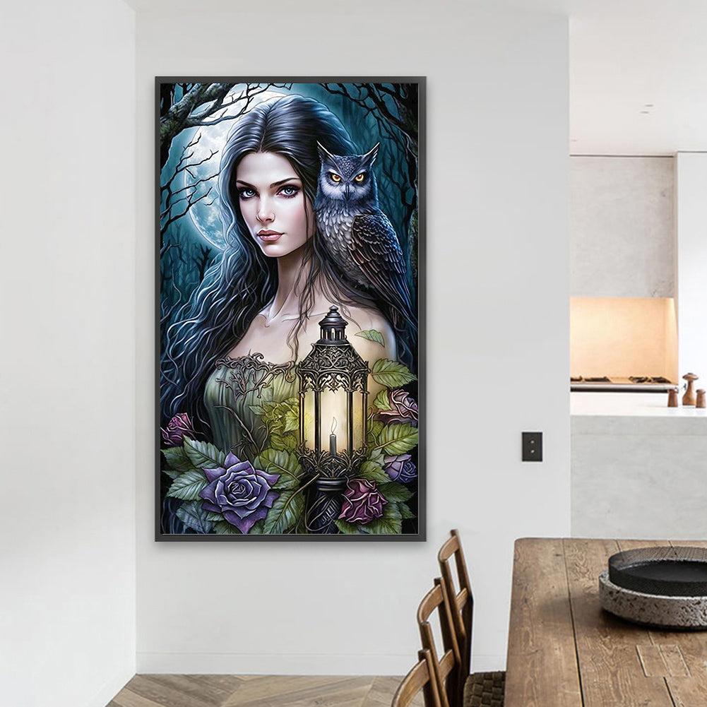 The Lady With The Lamp And The Owl - Full AB Round Drill Diamond Painting 40*70CM