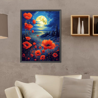 Poppies Under The Moonlight - Full Round Drill Diamond Painting 30*40CM