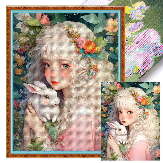 Girl And Little White Rabbit - 11CT Stamped Cross Stitch 50*65CM