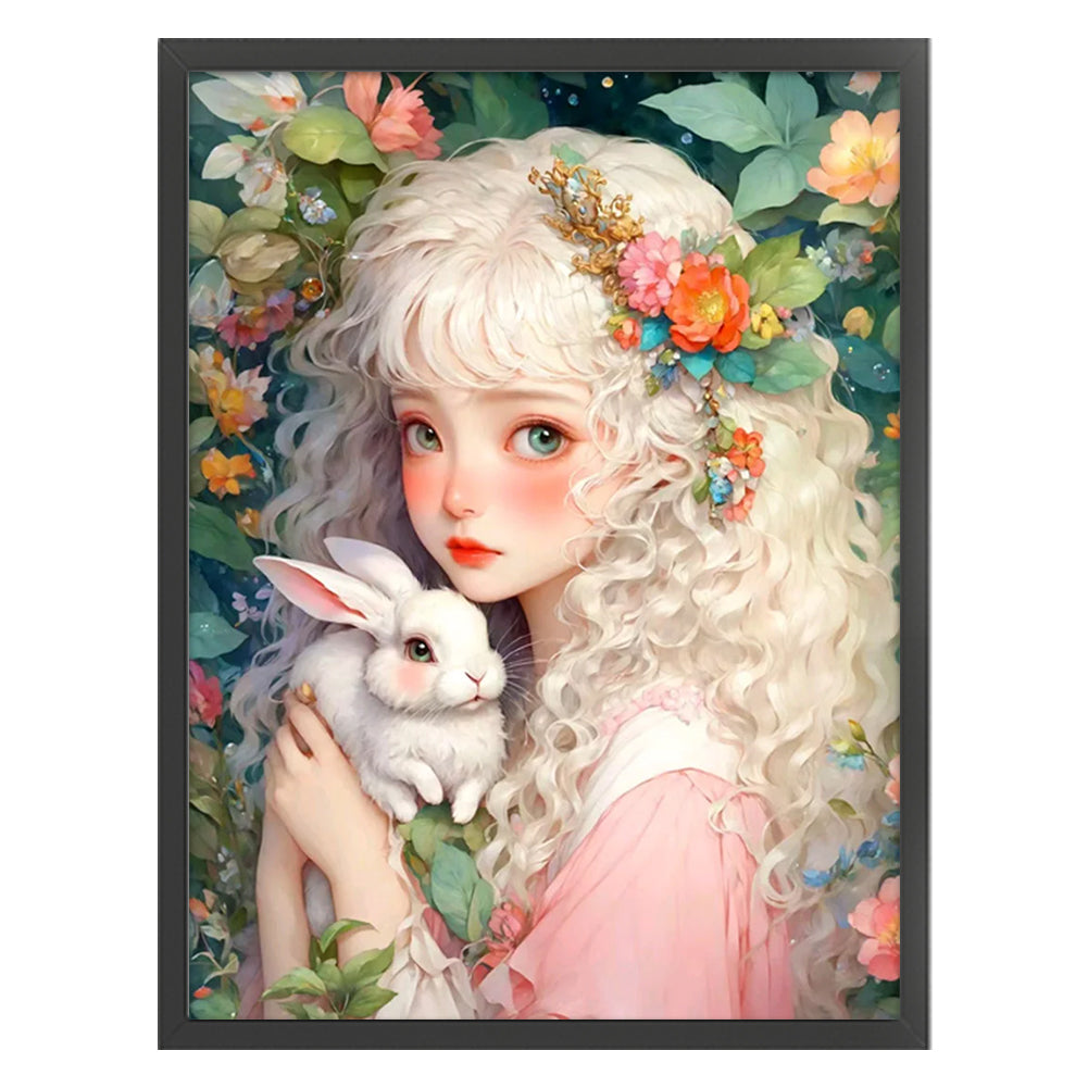 Girl And Little White Rabbit - 11CT Stamped Cross Stitch 50*65CM