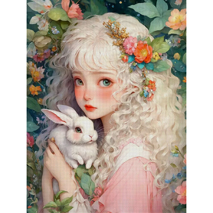 Girl And Little White Rabbit - 11CT Stamped Cross Stitch 50*65CM