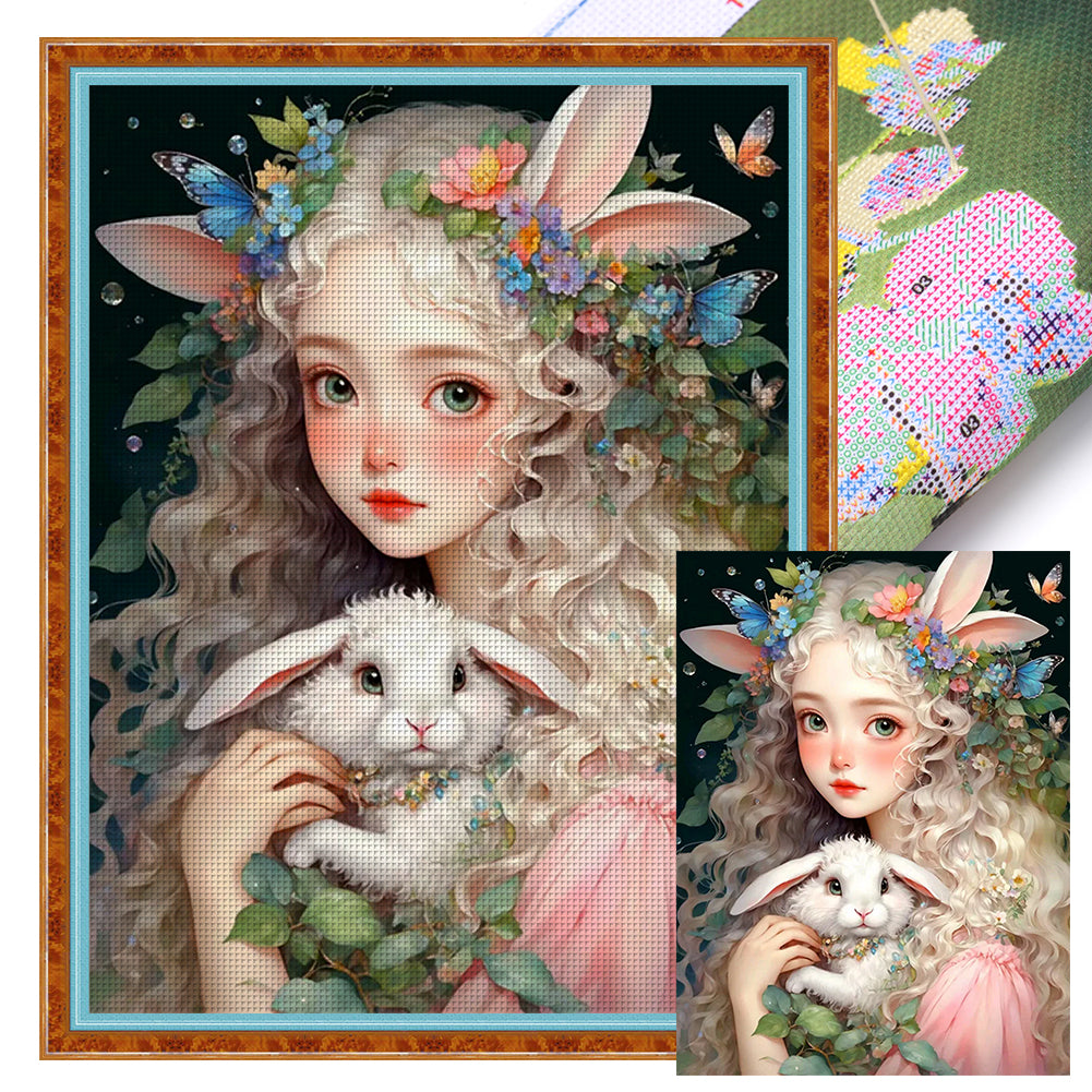 Girl And Little White Rabbit - 11CT Stamped Cross Stitch 50*65CM