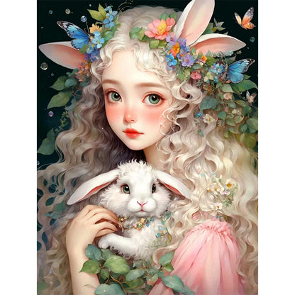 Girl And Little White Rabbit - 11CT Stamped Cross Stitch 50*65CM