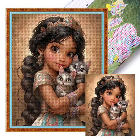 Little Brunette Girl And Kitten - 11CT Stamped Cross Stitch 40*50CM