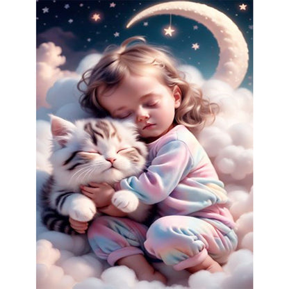 Little Girl And Kitten On The Clouds - 11CT Stamped Cross Stitch 40*55CM