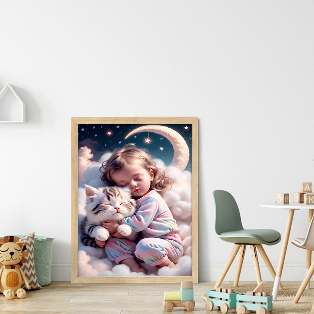 Little Girl And Kitten On The Clouds - 11CT Stamped Cross Stitch 40*55CM