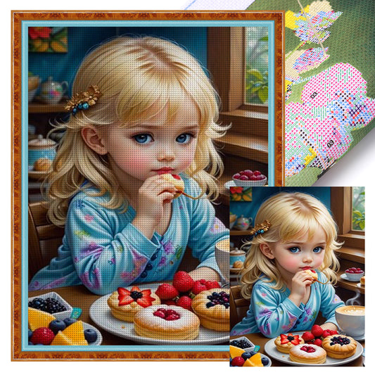 Blonde Little Girl Eating Breakfast - 11CT Stamped Cross Stitch 40*55CM