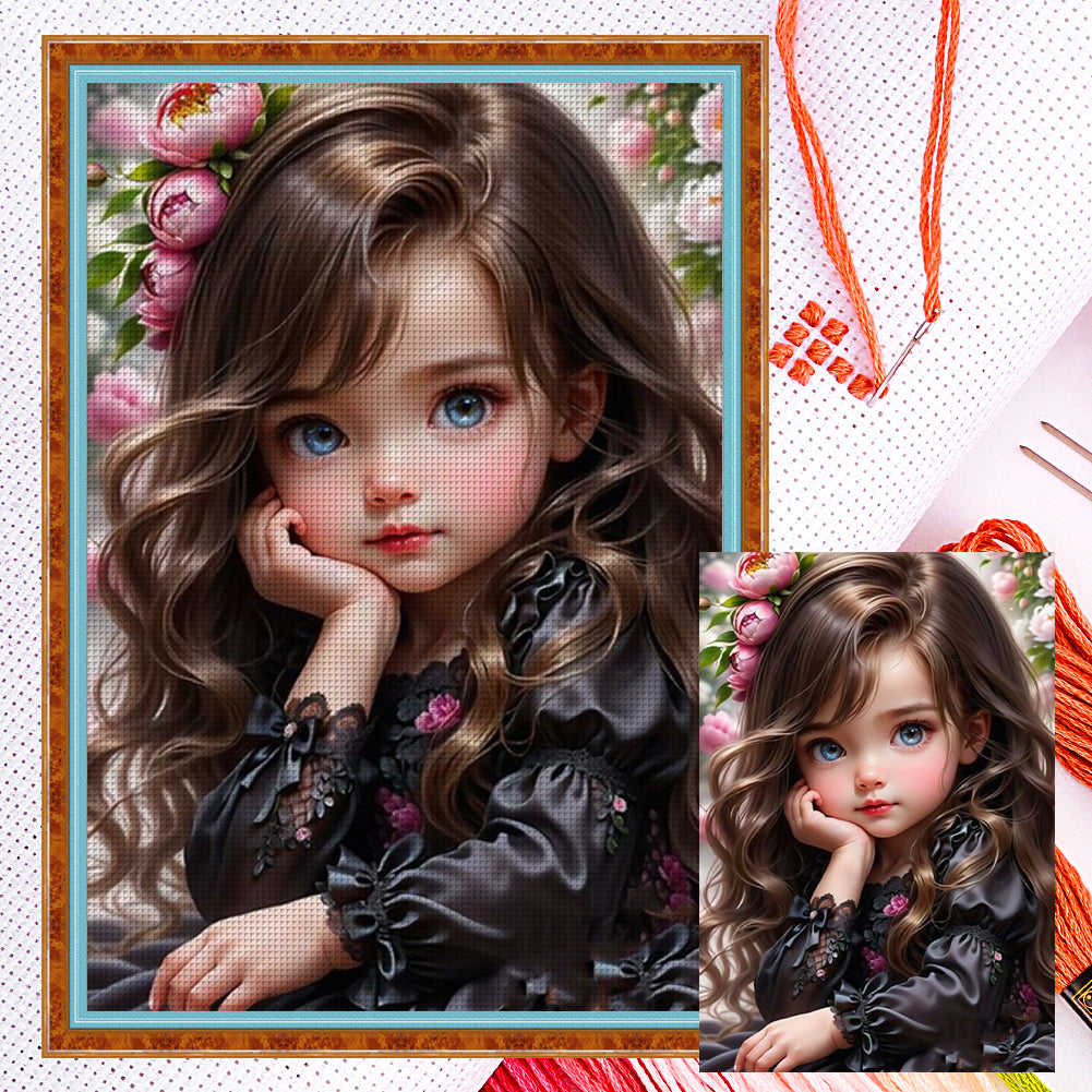 Curly Hair Big Eyed Girl - 14CT Counted Cross Stitch 50*70CM