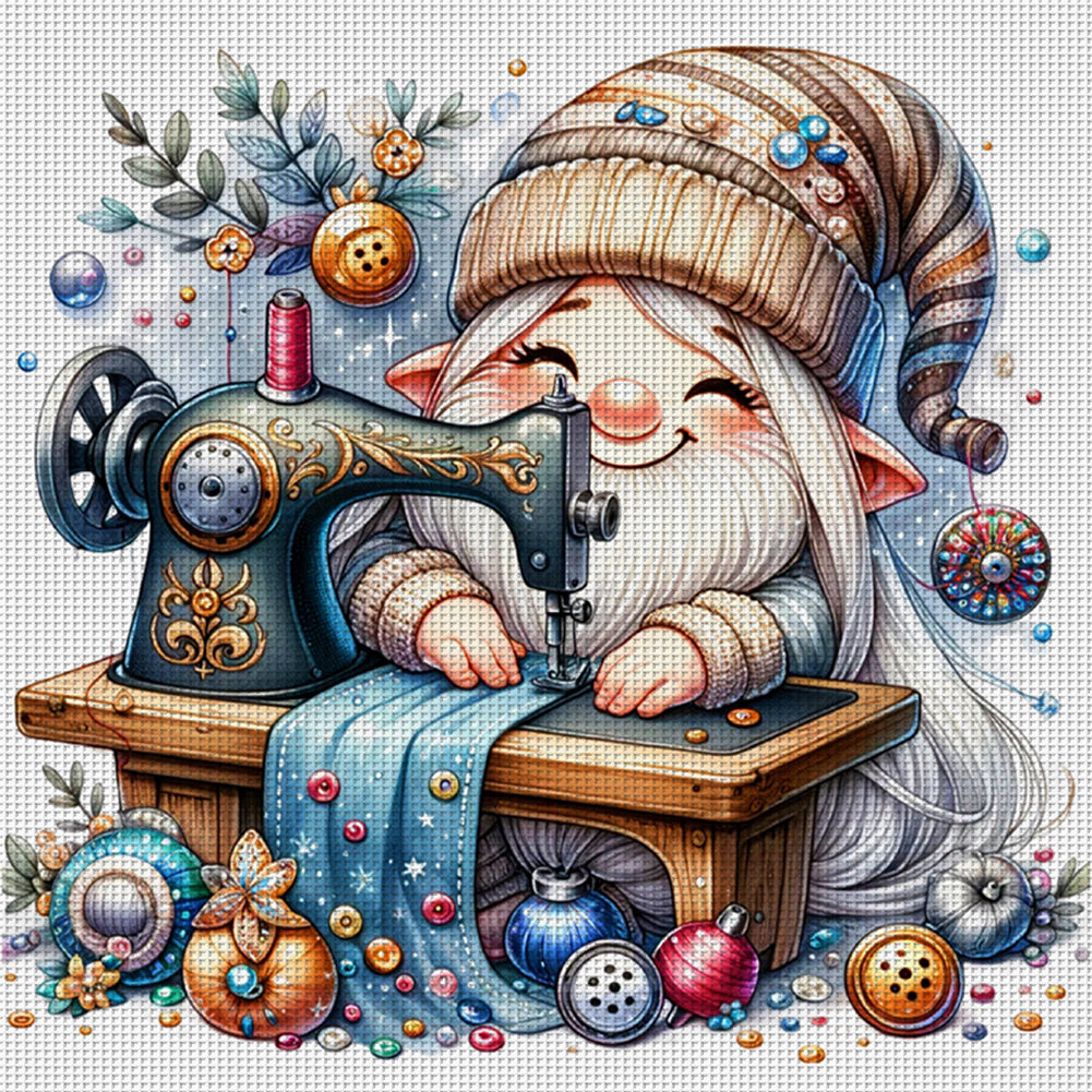 Sewing Machine Gnome - 18CT Stamped Cross Stitch 30*30CM