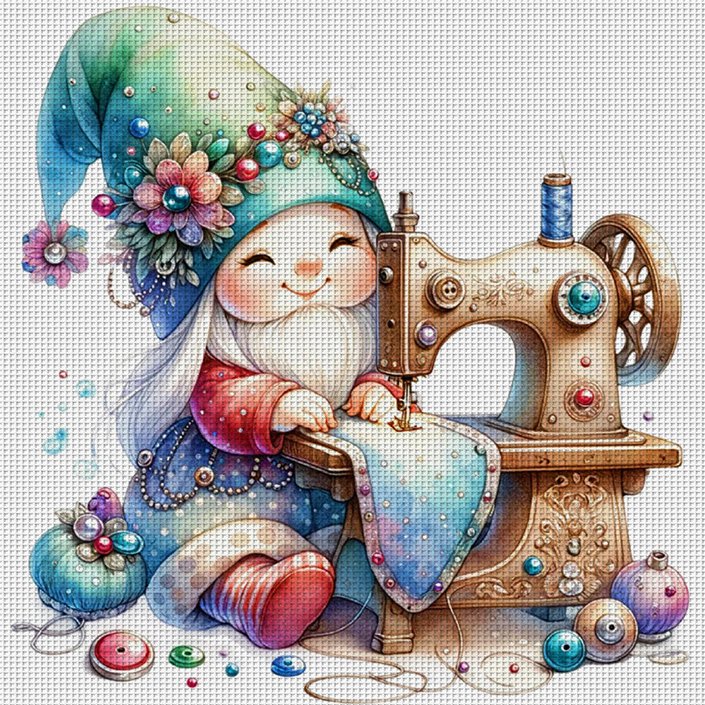 Sewing Machine Gnome - 18CT Stamped Cross Stitch 30*30CM
