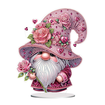 Special Shape Cute Gnome Table Top Diamond Painting Ornament Kits (Pink Flower)