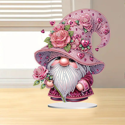 Special Shape Cute Gnome Table Top Diamond Painting Ornament Kits (Pink Flower)