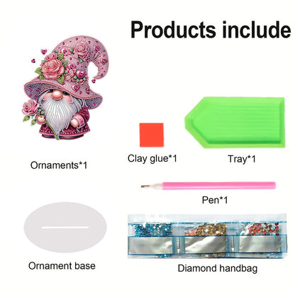 Special Shape Cute Gnome Table Top Diamond Painting Ornament Kits (Pink Flower)